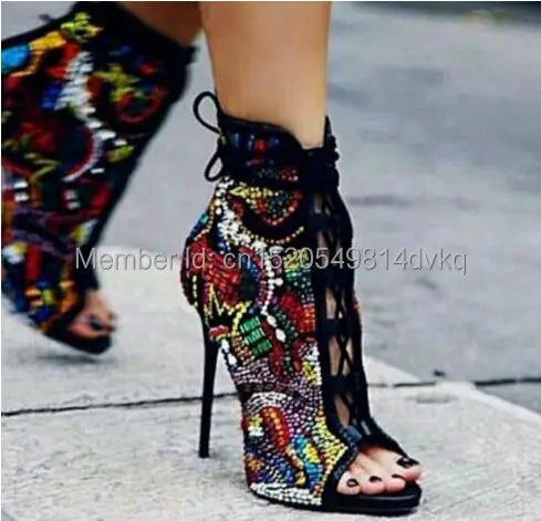 Crystal Covered Lace Up Stiletto Ankle Booties for Women