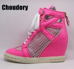 Lace Up Breathable Mesh Platform Wedge Shoes With Rivet Decoration For Women