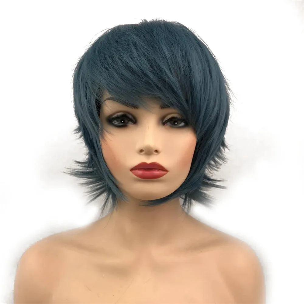Straight Blue And Red Synthetic Cosplay Wig For Women