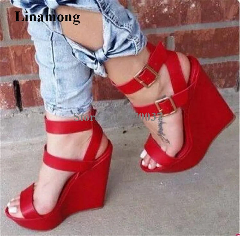 Red Leather Open Toe Platform Wedge Sandals with Ankle Strap for Women