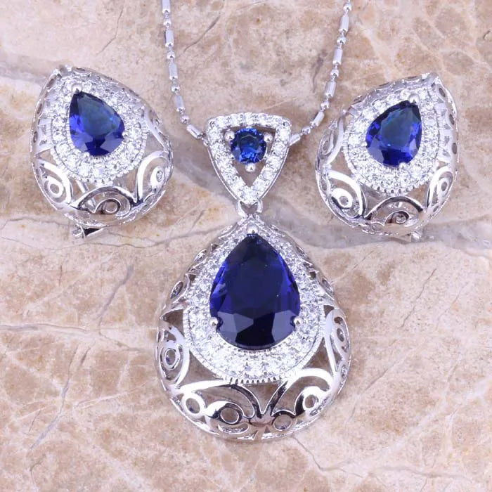 Blue Cubic Zirconia Silver Plated Necklace and Earrings Set for Women