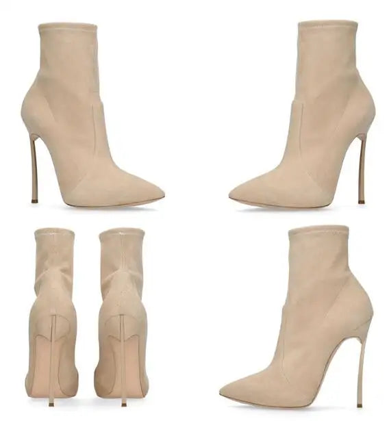 Spike High Heel Woman Ankle Boots Large Size Custom New Suede Pointed Toe High-Heeled Sexy Stretch Short Woman Boots