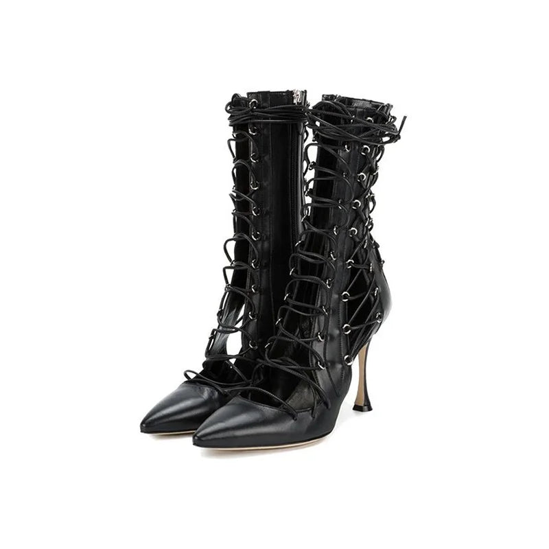 Stylish Black Pointed Toe Lace Up Ankle Boots for Women