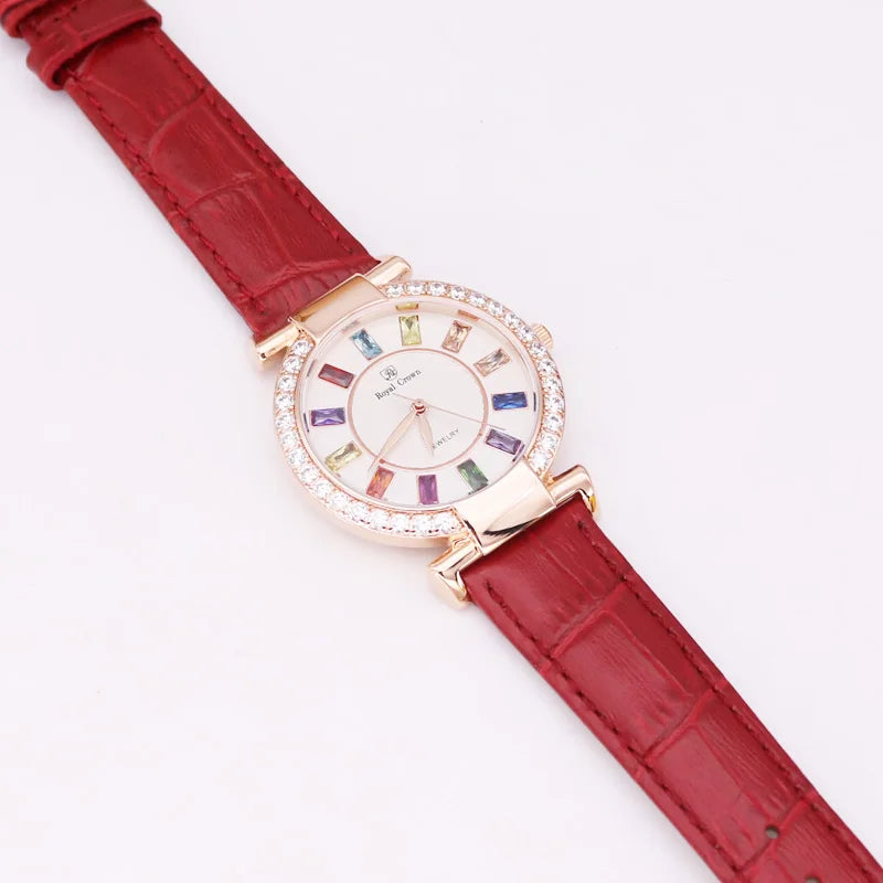Prong Setting Luxury Clock Lady Women's Watch Fashion Hours Bracelet Colorful Rhinestone Girl Birthday Gift Royal Crown Box