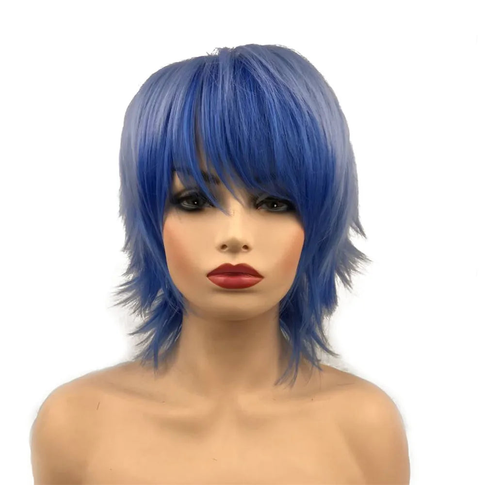Straight Blue And Red Synthetic Cosplay Wig For Women