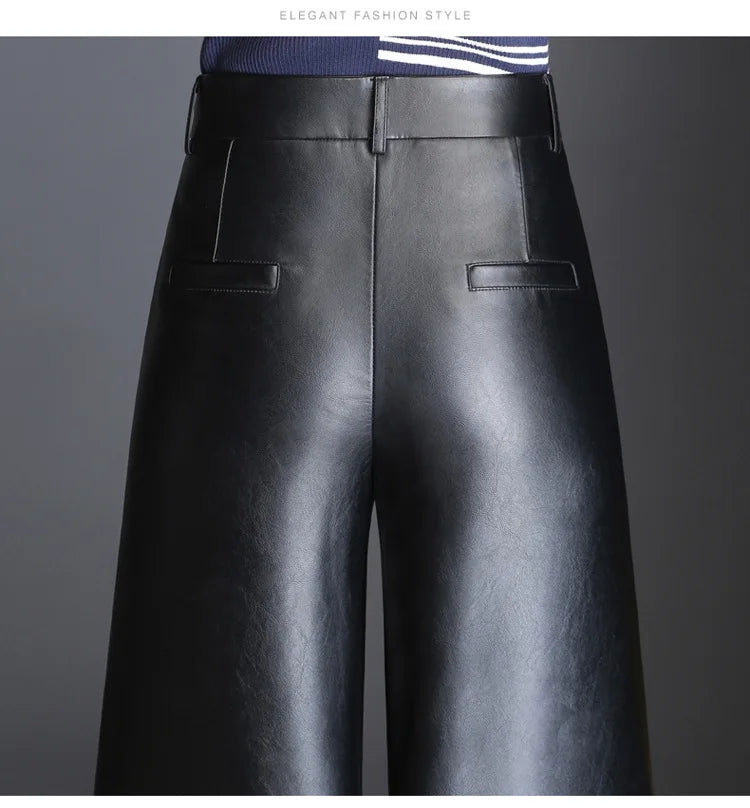 Pu wide leg pants capri women 2022 winter autumn high waist straight leather pants female trousers clothe pantalon femme