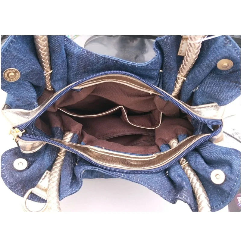 Vintage Rhinestone Denim Shoulder Handbag for Women