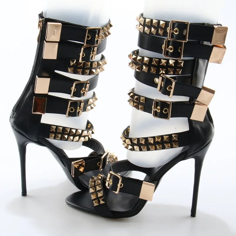 Vintage Gold Rivet Leather Strap Open Toe Sandals for Women