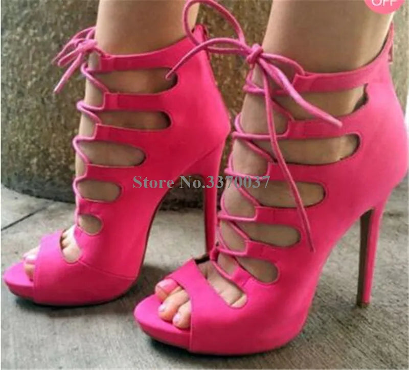 Lace Up Cross Strap Peep Toe Suede Leather Stiletto Pumps for Women