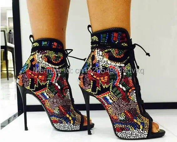 Lace Up Crystal Open Toe Stiletto Booties For Women