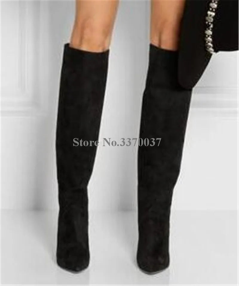 Pointed Toe Suede Winter Knee High Wedge Boots for Women