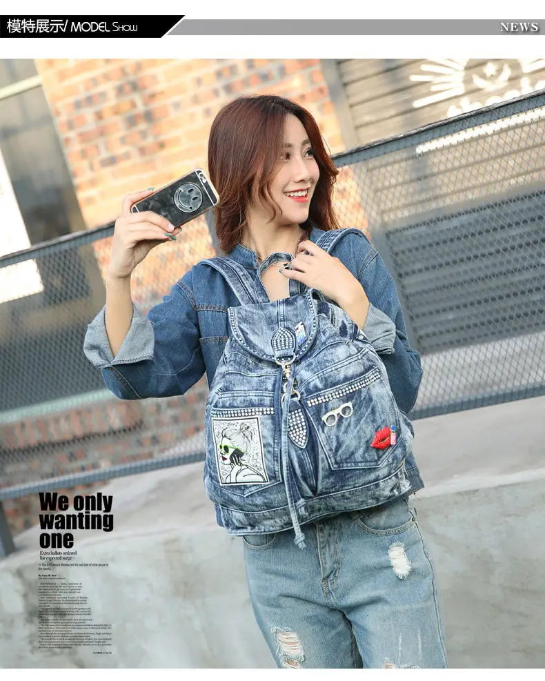 Large Denim Anti Theft Casual Travel Backpack for Women