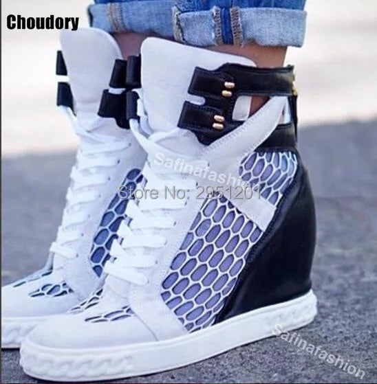 Lace Up Breathable Mesh Platform Wedge Shoes With Rivet Decoration For Women