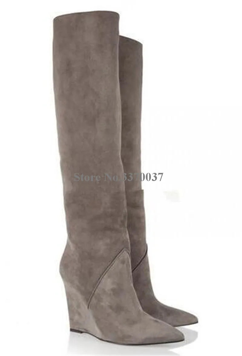 Pointed Toe Suede Winter Knee High Wedge Boots for Women