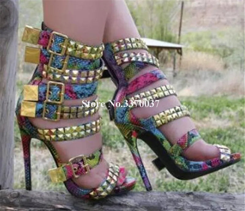 Metal Rivet Denim Patchwork Gladiator Stiletto Heels For Women
