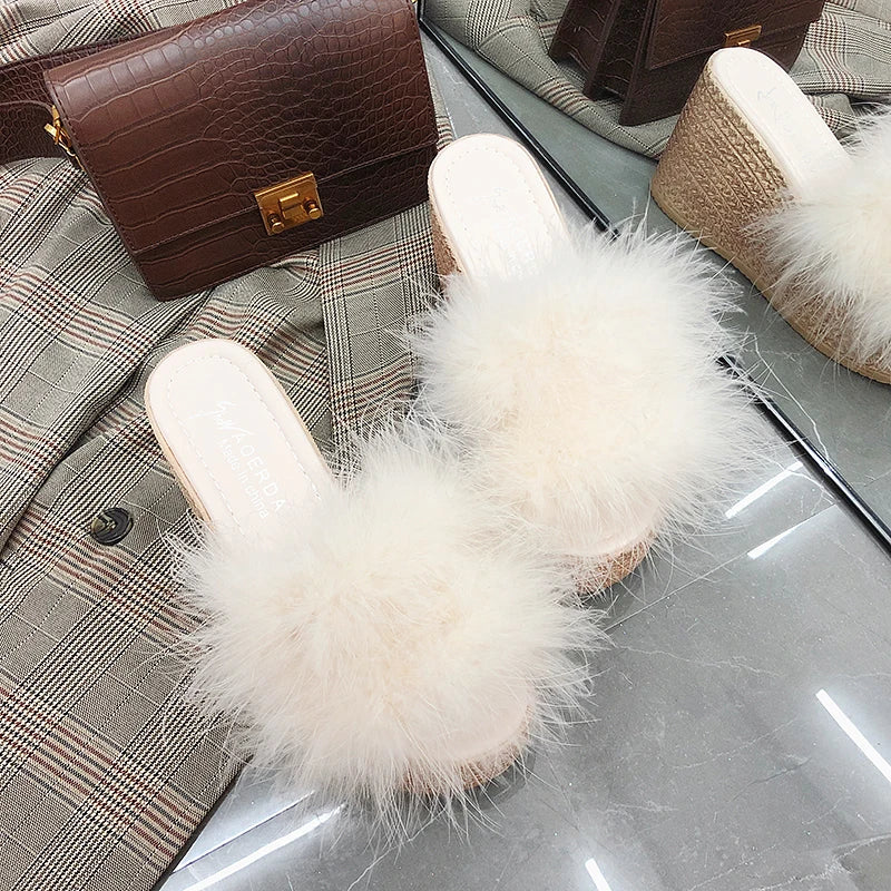 Plush Faux Fur Wedge Slide