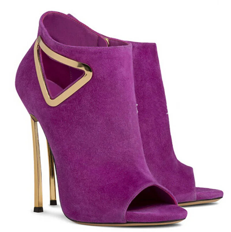 Purple Suede Peep Toe Cut Out Ankle Boots With Gold Heel for Women