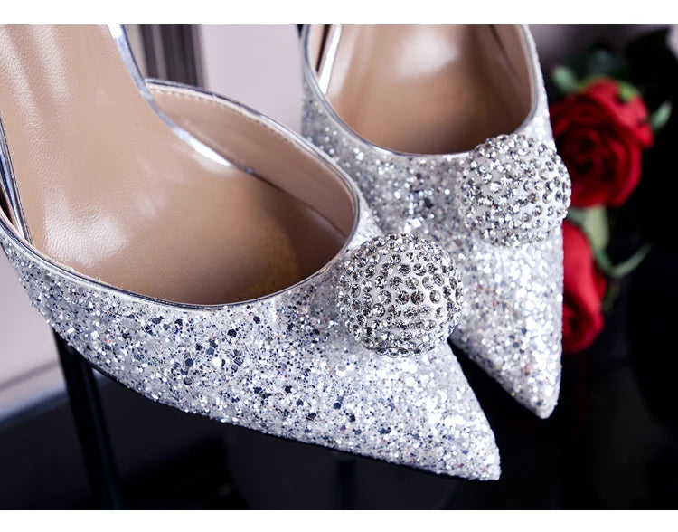 Bridal Crystal Ball Silver Pointed Toe Stiletto Heels For Women