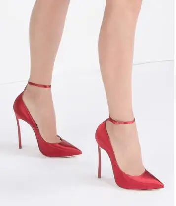 Champagne Silk Pointed Toe Stiletto Pumps With Ankle Strap for Women