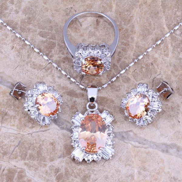 Champagne CZ Jewelry Set with Earrings, Pendant and Ring for Women