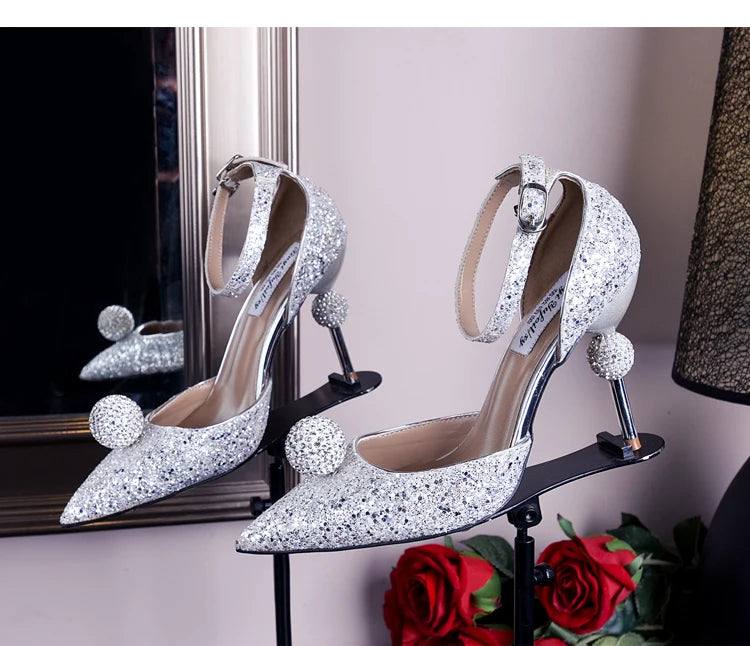 Bridal Crystal Ball Silver Pointed Toe Stiletto Heels For Women