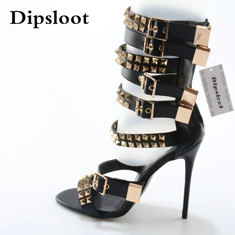 Vintage Gold Rivet Leather Strap Open Toe Sandals for Women