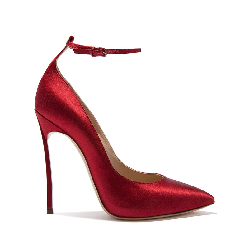 Champagne Silk Pointed Toe Stiletto Pumps With Ankle Strap for Women