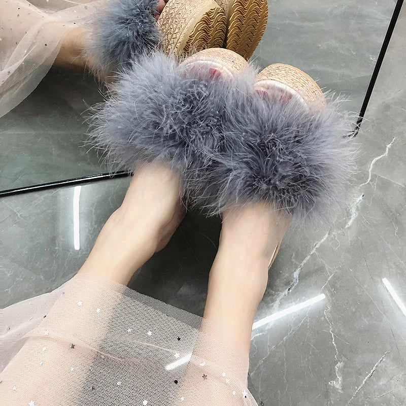 Plush Faux Fur Wedge Slide