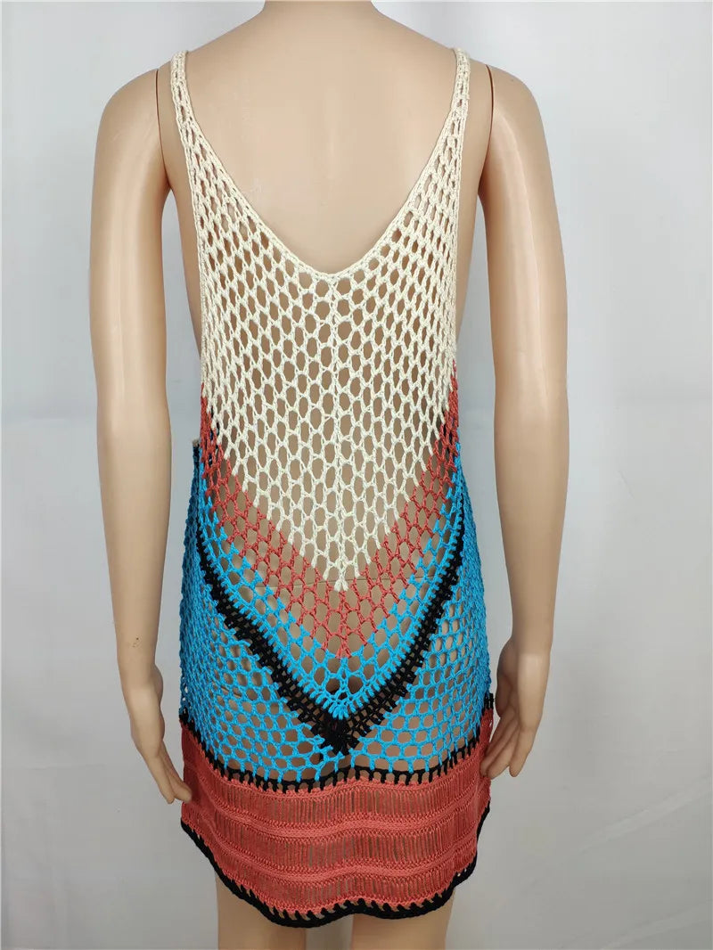 2025 Crochet Summer Beach Dress Cover Up Sexy Hollow Out Mesh Knitted Tunic Swimsuit Coverup Womens Beach Sarong Robe De Plage