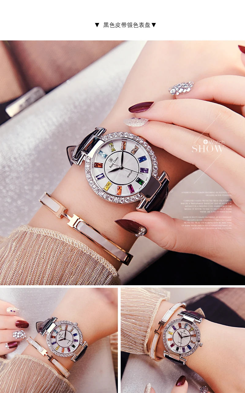 Prong Setting Luxury Clock Lady Women's Watch Fashion Hours Bracelet Colorful Rhinestone Girl Birthday Gift Royal Crown Box