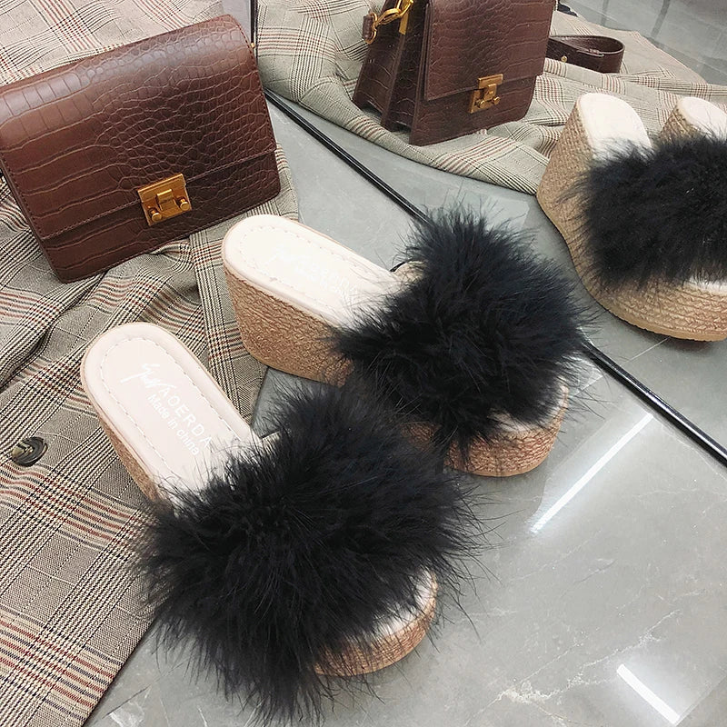 Plush Faux Fur Wedge Slide