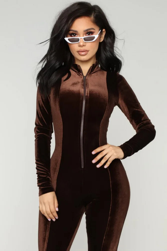 Soft Long Sleeve Velvet Bodycon Front Zipper Jumpsuit For Women