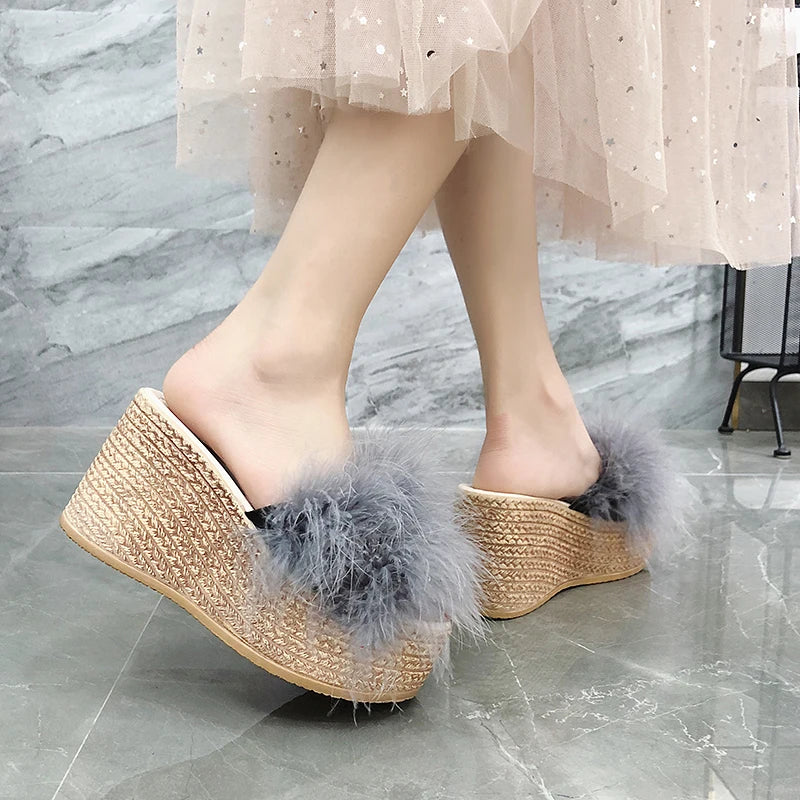 Plush Faux Fur Wedge Slide