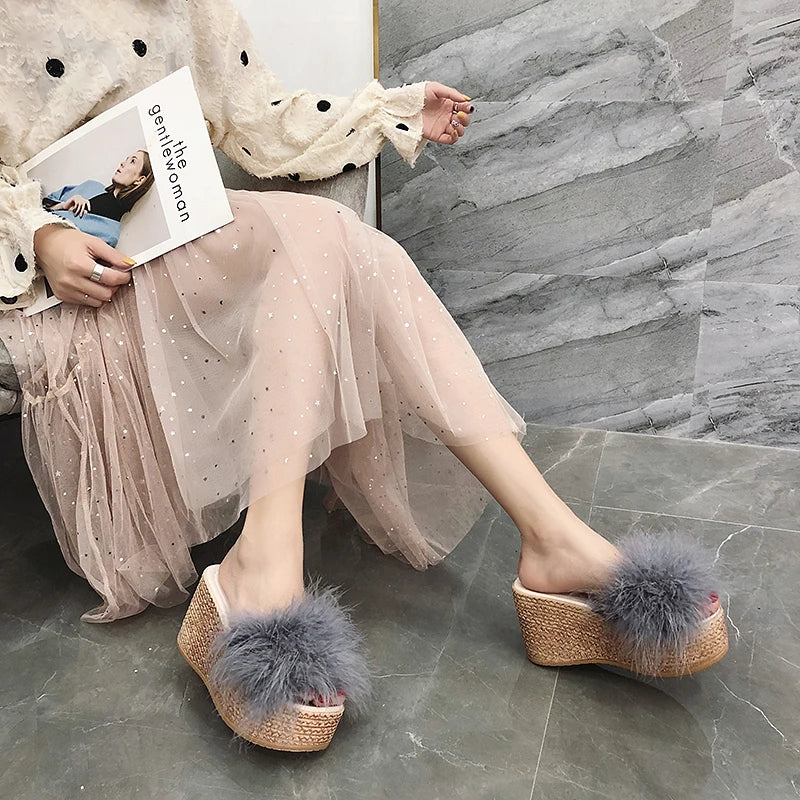 Plush Faux Fur Wedge Slide
