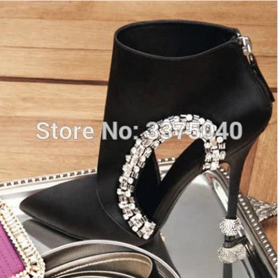 New Black Pointed Toe Women Ankle Boots Hollow Out Rhinestone Summer Boots High Heels Crystal Pointed Toe Black Women Boots