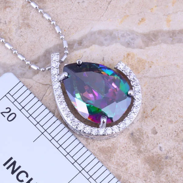 Rainbow Mystic CZ Jewelry Set with Earrings, Pendant, and Ring for Women