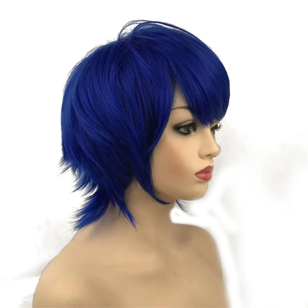 Straight Blue And Red Synthetic Cosplay Wig For Women