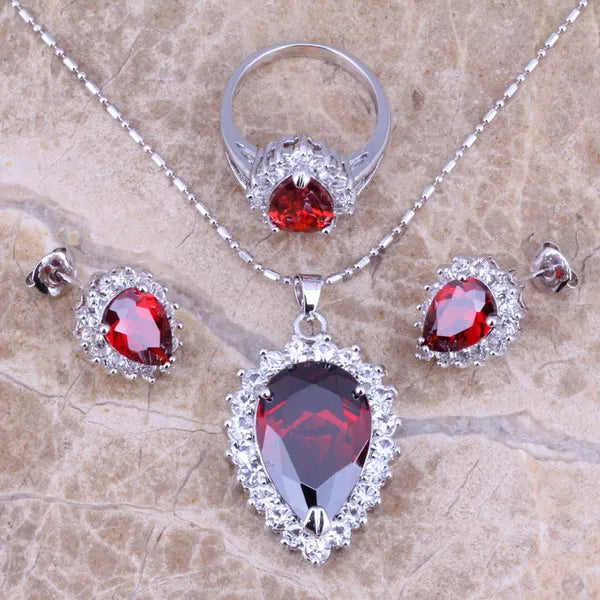 Red Garnet and CZ Silver Plated Jewelry Set for Women