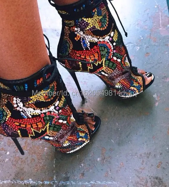 Lace Up Crystal Open Toe Stiletto Booties For Women