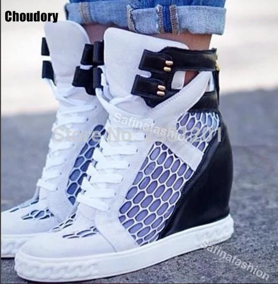 Lace Up Breathable Mesh Platform Wedge Shoes With Rivet Decoration For Women