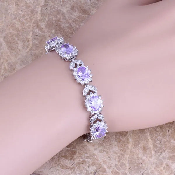 Purple Cubic Zirconia Silver Plated Link Chain Bracelet for Women