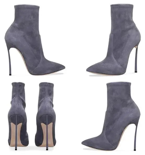 Spike High Heel Woman Ankle Boots Large Size Custom New Suede Pointed Toe High-Heeled Sexy Stretch Short Woman Boots