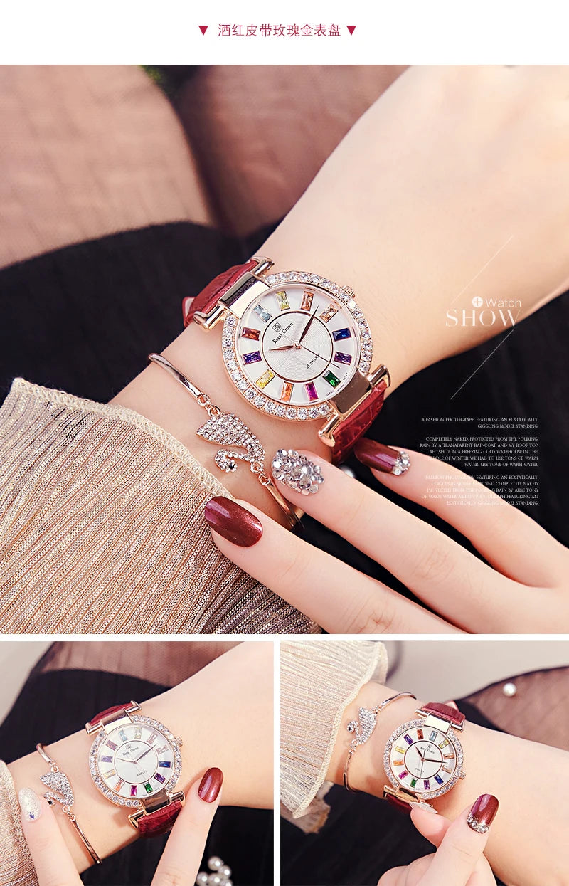 Prong Setting Luxury Clock Lady Women's Watch Fashion Hours Bracelet Colorful Rhinestone Girl Birthday Gift Royal Crown Box