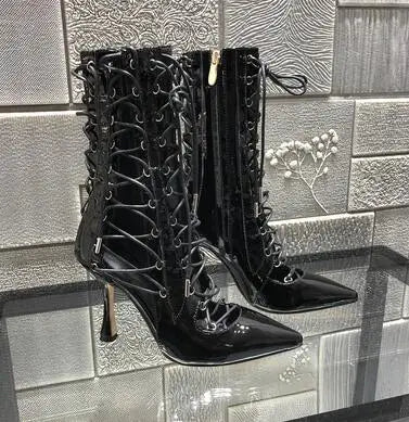 Stylish Black Pointed Toe Lace Up Ankle Boots for Women