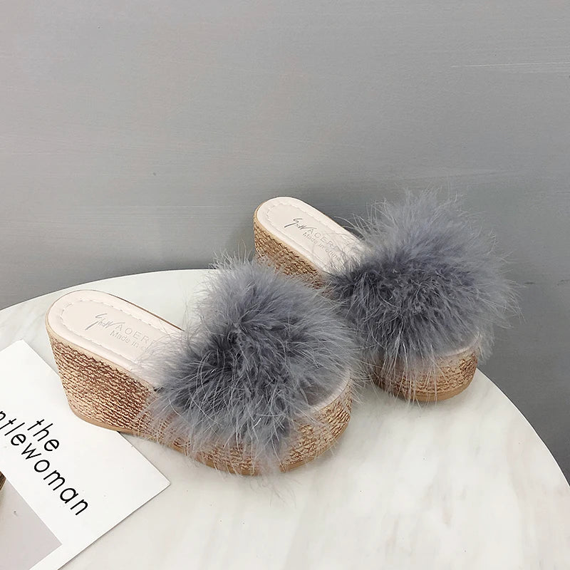 Plush Faux Fur Wedge Slide