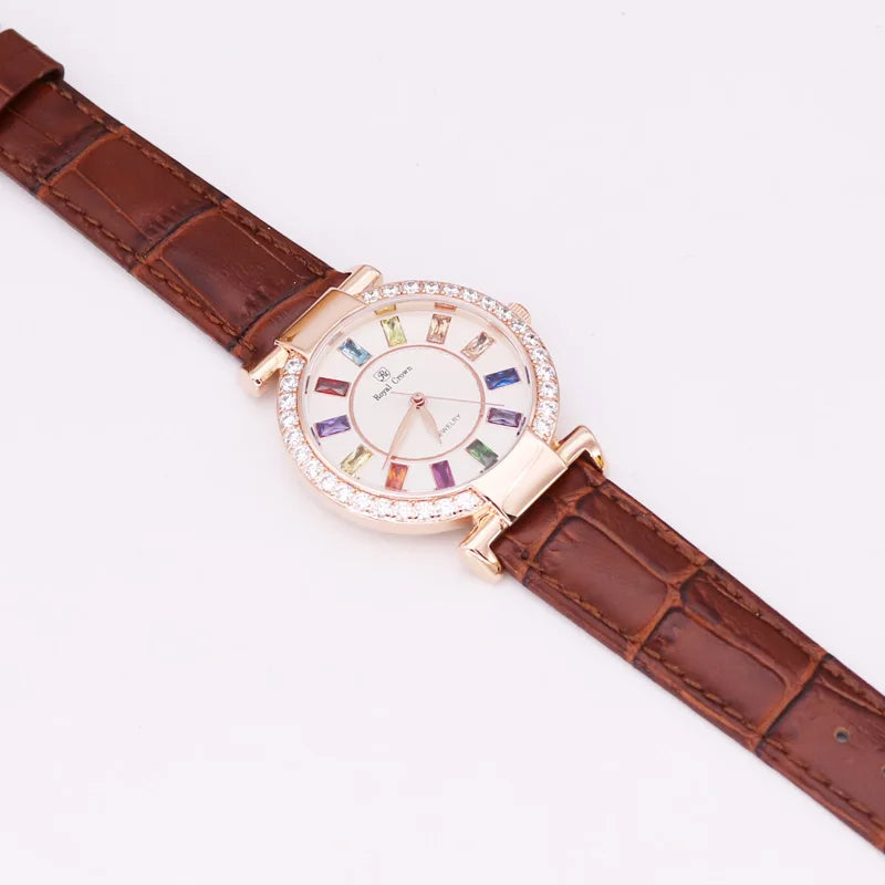 Prong Setting Luxury Clock Lady Women's Watch Fashion Hours Bracelet Colorful Rhinestone Girl Birthday Gift Royal Crown Box