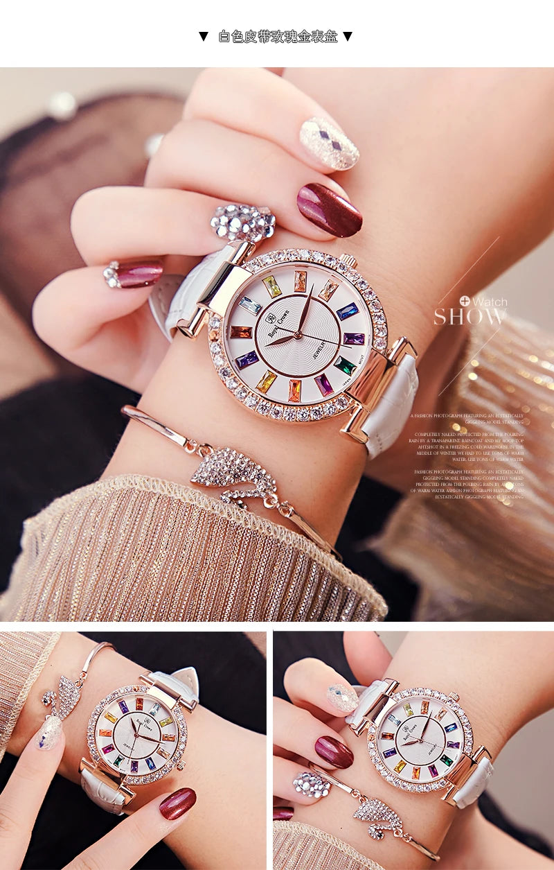 Prong Setting Luxury Clock Lady Women's Watch Fashion Hours Bracelet Colorful Rhinestone Girl Birthday Gift Royal Crown Box