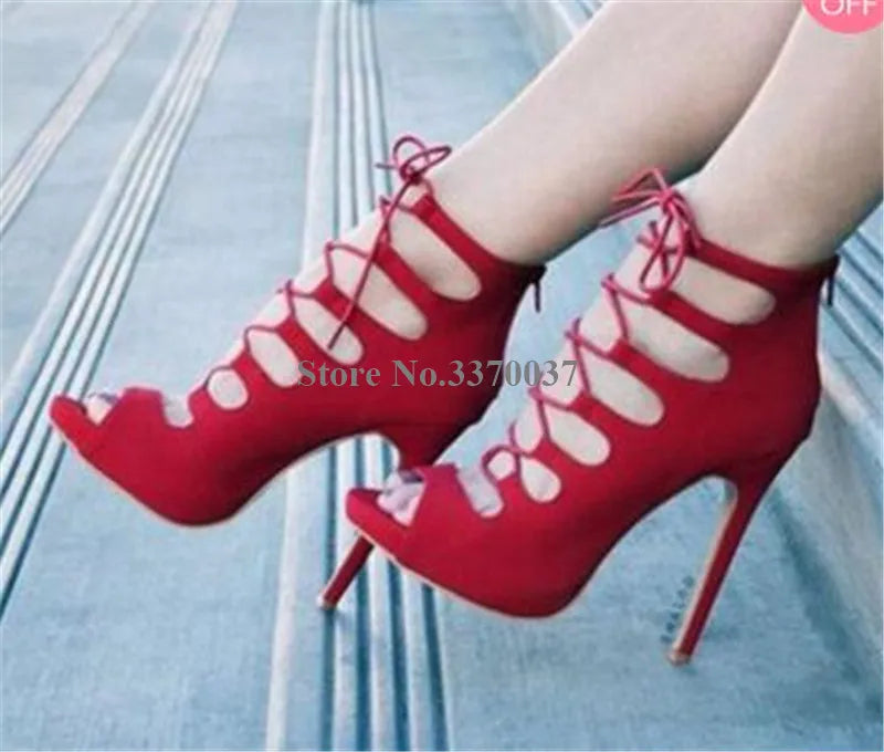 Lace Up Cross Strap Peep Toe Suede Leather Stiletto Pumps for Women