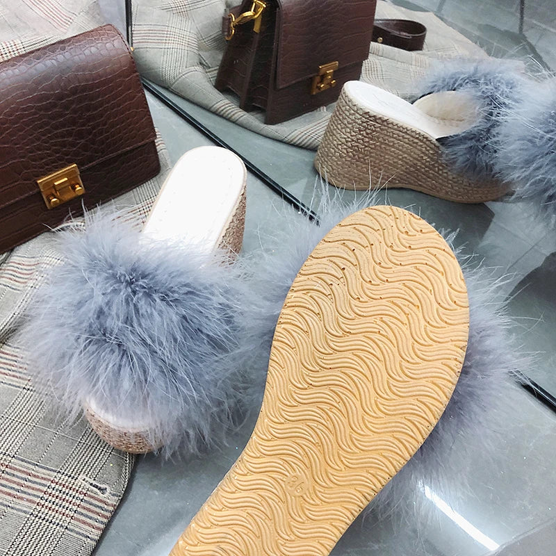 Plush Faux Fur Wedge Slide