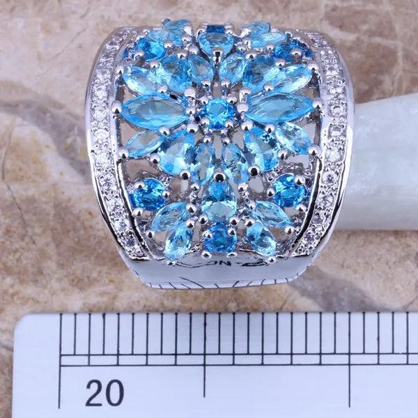 Sky Blue Cubic Zirconia Silver Plated Ring for Women